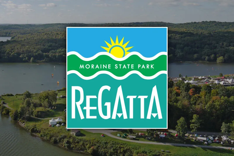 Moraine State Park Regatta Logo superimposed over an aerial view of the event